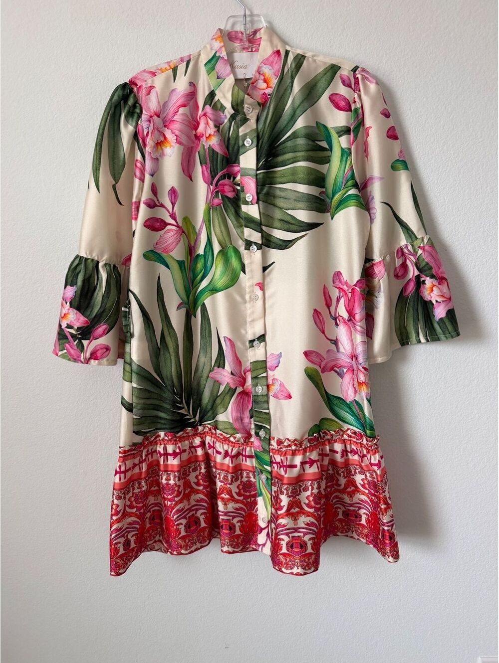 KASIA NWT Bell 3/4 Sleeve Button Up Floral Satin Tiered Mini Dress Size S